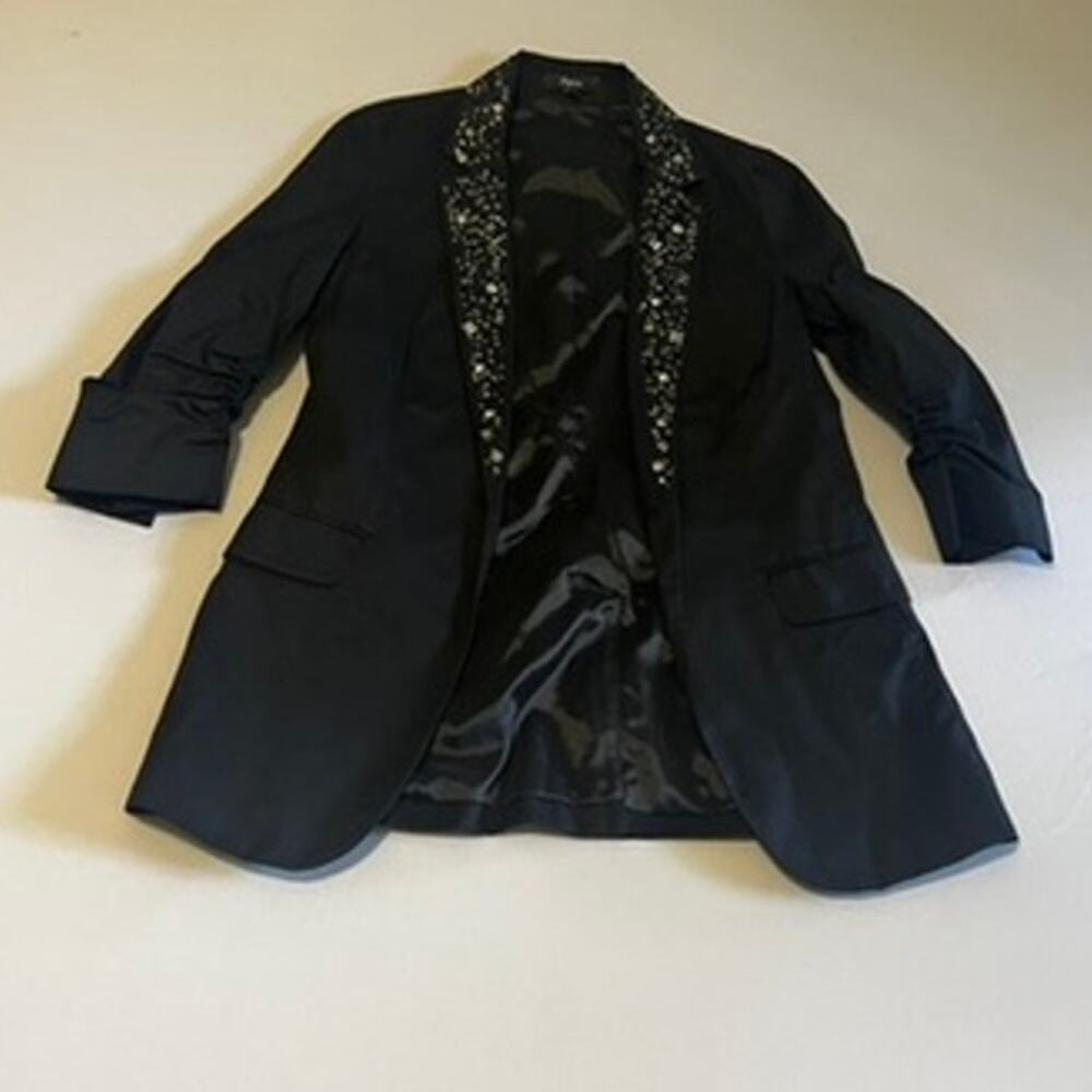 Express | Black Crystal & Stud Embellished Lapel Ruched Sleeve Tuxedo Blazer — 6